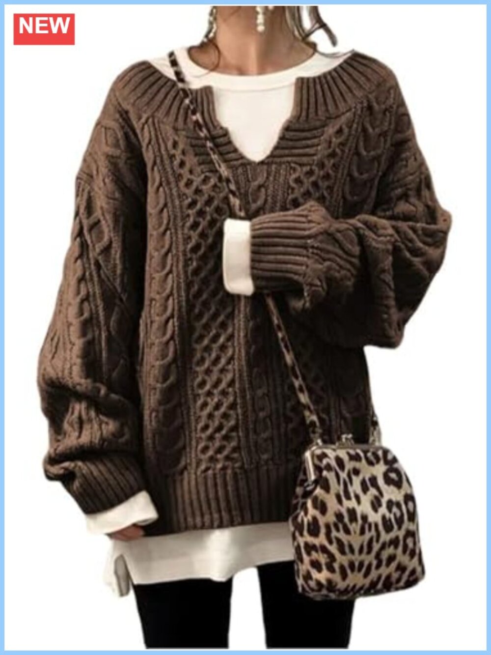 Women's Winter Chunky Cable Knit V-Neck Long Sleeve Loose Pullover